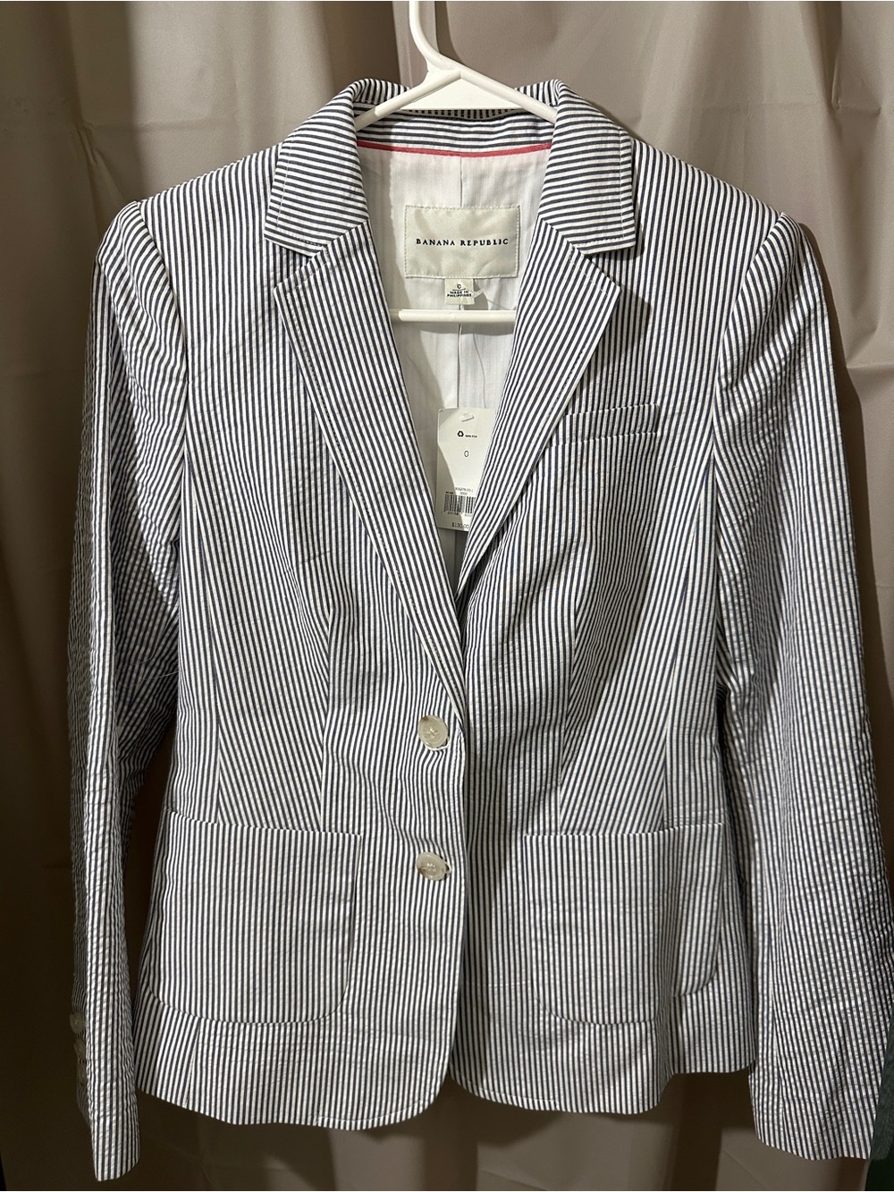 Banana Republic Navy and White Striped Seersucker Blazer